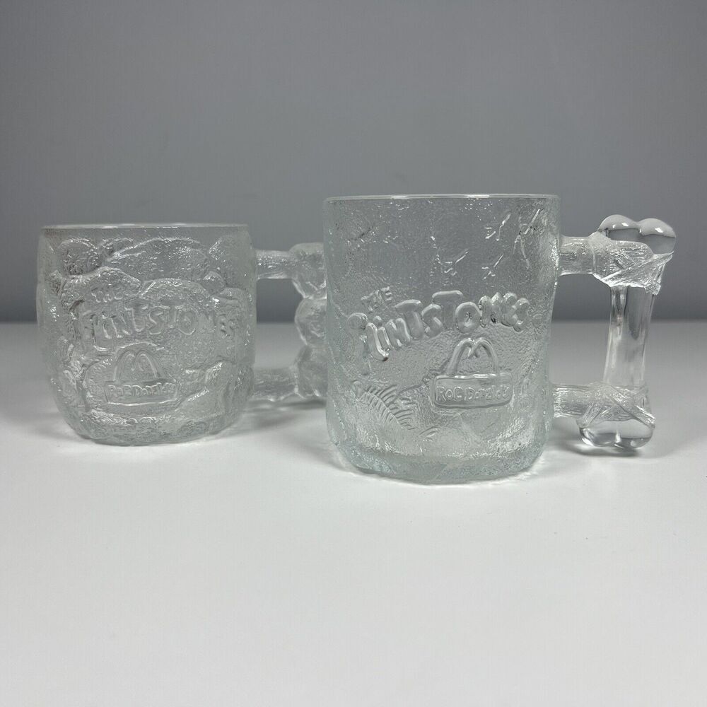 McDonalds (RocDonald's) "Flintstones" Frosted Glass Mugs Set of 2 1993